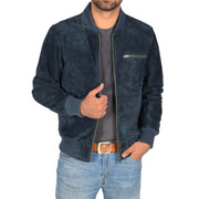 Mens Genuine Suede Bomber Jacket Roco Blue Open