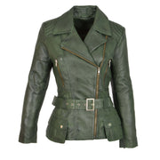 Womens Biker Leather Jacket Slim Fit Cut Hip Length Coat Coco Green Front 1