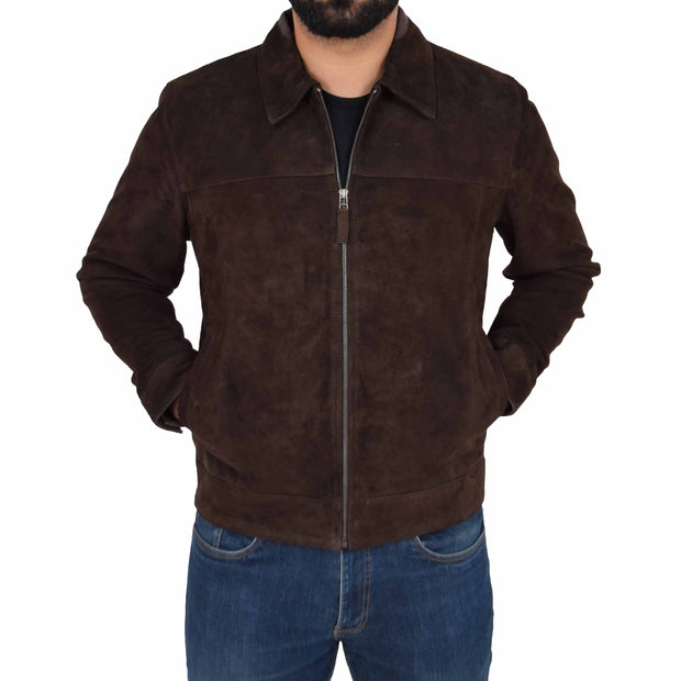 Mens Genuine Soft Suede Zip Jasper Blouson Jacket Baxter Brown Front