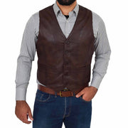 Mens Full Leather Waistcoat Gilet Traditional Smart Vest King Brown Front 1