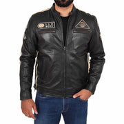 Mens Real Leather Biker Jacket Sports Badges Coat Saul Black Front 2