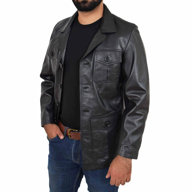 Mens Real Leather Safari Jacket Retro Blazer Coat Sylas Black Open 2