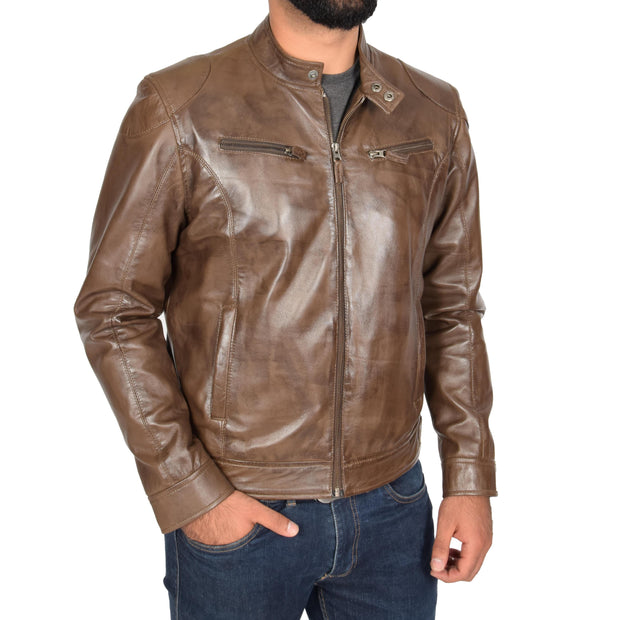 Mens Leather Jacket Biker Style Zip up Coat Bill Brown Front 1