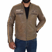 Mens Real Leather Biker Jacket Sports Badges Coat Saul Brown Front