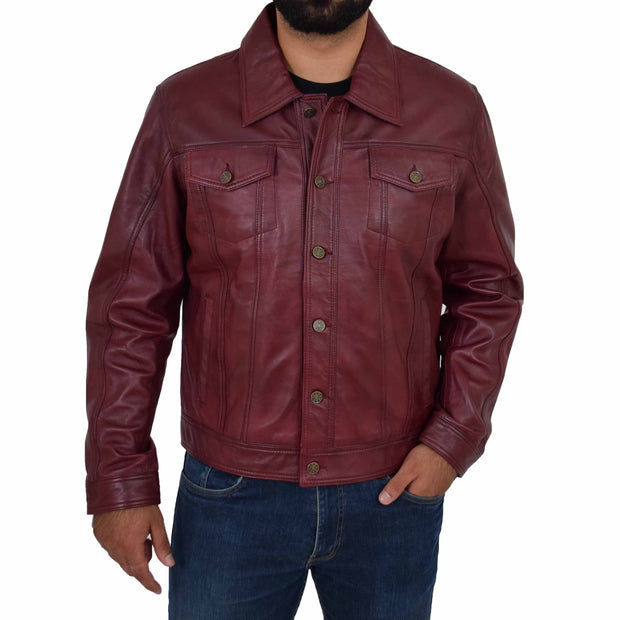 Mens Trucker Soft Leather Jacket Western Denim Style Coat Bond Burgundy Front 1
