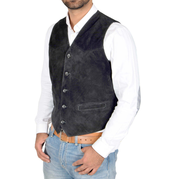 Mens Real Suede Leather Waistcoat Classic Vest Gilet Cole Black Front