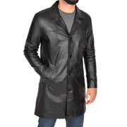 Mens 3/4 Long Leather Coat Classic Trench Overcoat Jones Black Front