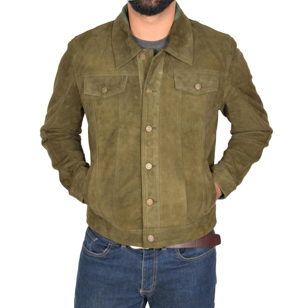 Mens Real Soft Goat Suede Trucker Denim Style Jacket Chuck Green Front 2