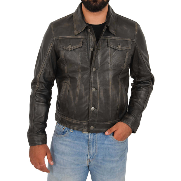 Mens Trucker Leather Jacket Vintage Western Denim Style Coat Bond Rub Off Front