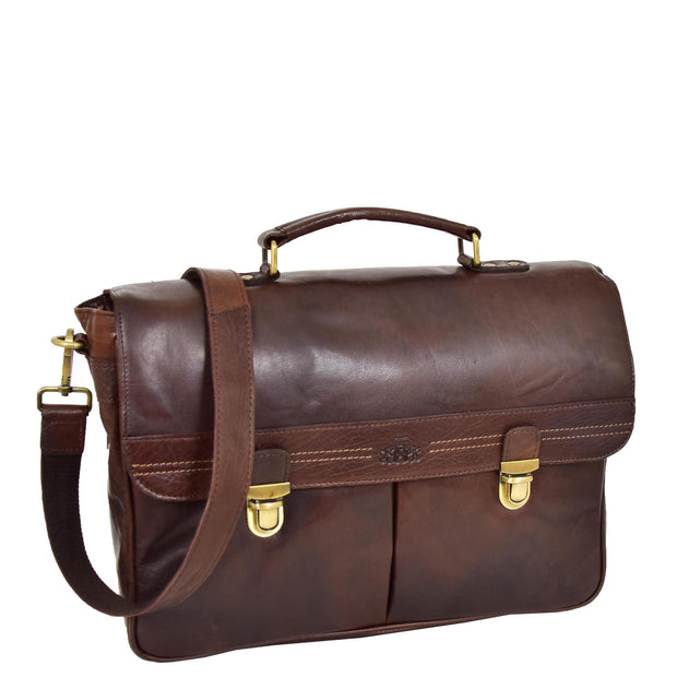 Genuine Leather Briefcase for Mens Business Office Laptop Bag Edgar Brown Front With Belt
