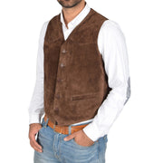 Mens Real Suede Leather Waistcoat Classic Vest Gilet Cole Brown Front