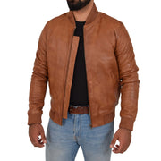 Mens Genuine Leather Bomber Jacket Varsity Coat Jaxson Cognac Open