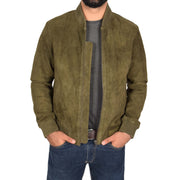 Mens Soft Goat Suede Bomber Varsity Baseball Jacket Blur Green Open