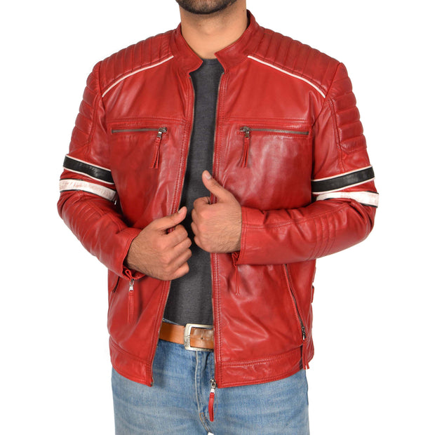 Mens Biker Leather Jacket Stripes Standing Collar Coat Ricky Red Open