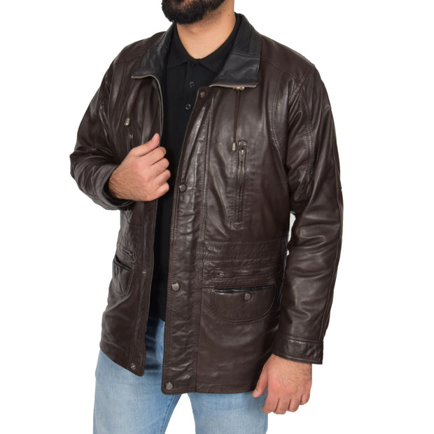 Gents Classic Soft Leather Parka Car Coat Parker Brown Open