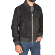 Mens Soft Goat Suede Bomber Varsity Baseball Jacket Blur Black Front