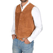 Mens Real Suede Leather Waistcoat Classic Vest Gilet Cole Tan Front
