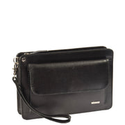 Mens Leather Wrist Bag Mobile Money Clutch A7 Black Front Angle