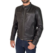 Mens Leather Jacket Biker Style Zip up Coat Bill Black Front 2