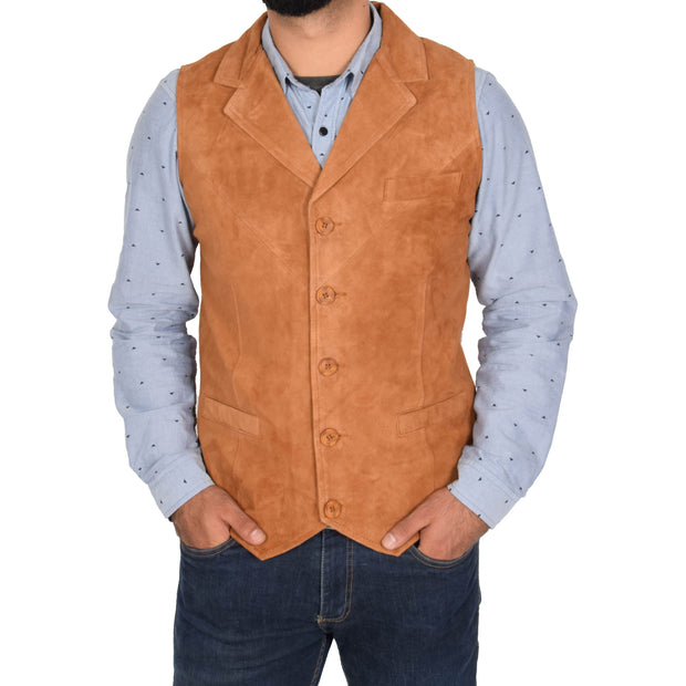 Mens Real Suede Leather Waistcoat Classic Vest Yelek Status Tan Front 1