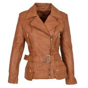 Womens Biker Leather Jacket Slim Fit Cut Hip Length Coat Coco Tan Front 1