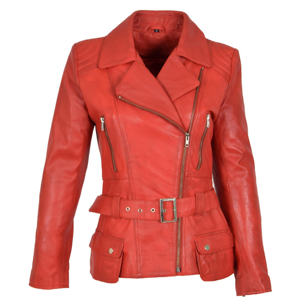 Womens Biker Leather Jacket Slim Fit Cut Hip Length Coat Coco Red Front 1