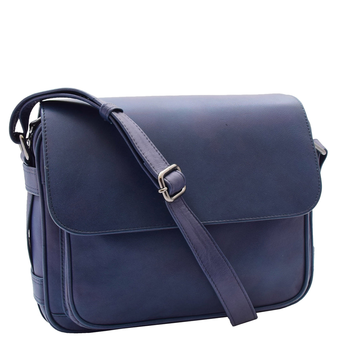 Visconti Women's Large Leather Flap-Over Shoulder Bag - Navy Crossbody Messenger - View #9