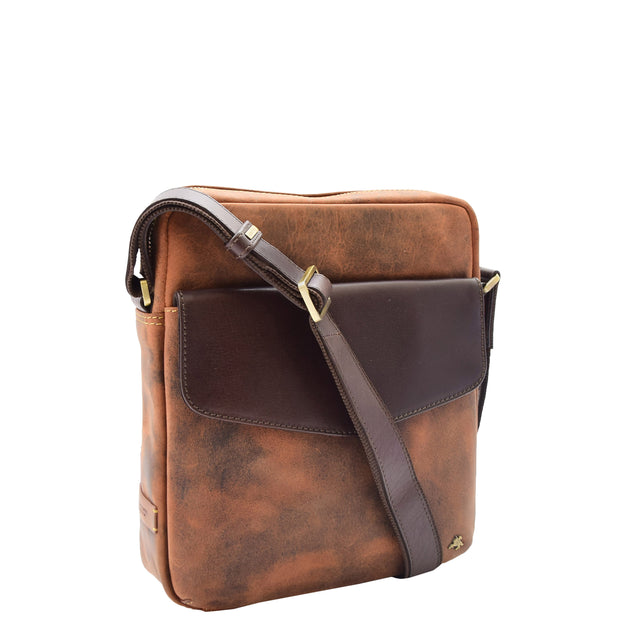 Mens Tan Hunter Leather Crossbody Bag Multi Pockets Messenger iPad Flight Bag Jaxon
