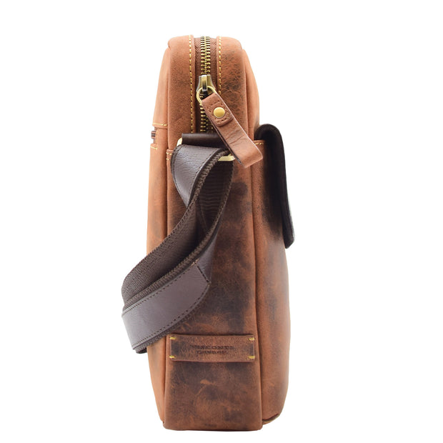 Mens Tan Hunter Leather Crossbody Bag Multi Pockets Messenger iPad Flight Bag Jaxon