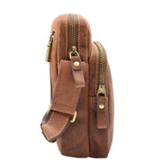 Mens Tan Hunter Leather Crossbody Bag Casual Messenger Multi Pockets Flight Bag