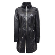 Womens Real Leather Jacket Black Trench 3/4 Long Duffle Detachable Hood Coat Luna