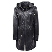 Womens Real Leather Jacket Black Trench 3/4 Long Duffle Detachable Hood Coat Luna