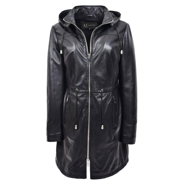 Womens Real Leather Jacket Black Trench 3/4 Long Duffle Detachable Hood Coat Luna
