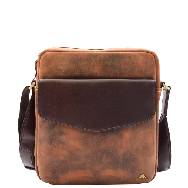 Mens Tan Hunter Leather Crossbody Bag Multi Pockets Messenger iPad Flight Bag Jaxon