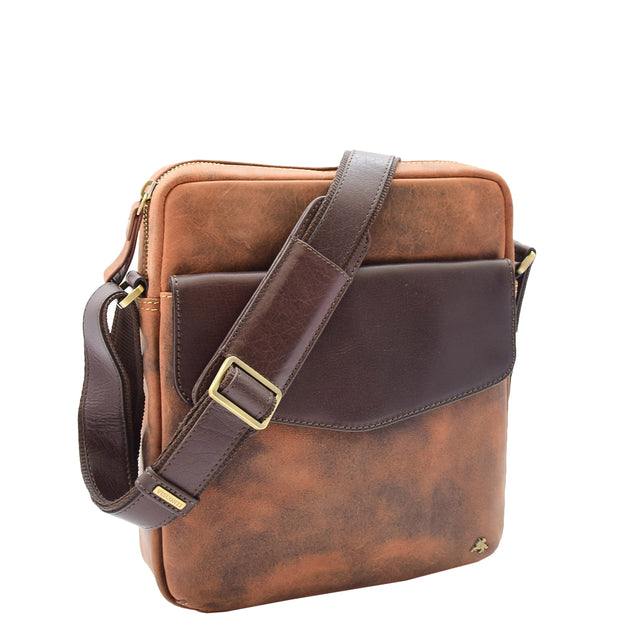 Mens Tan Hunter Leather Crossbody Bag Multi Pockets Messenger iPad Flight Bag Jaxon