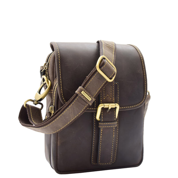 Mens Crossbody Bag Genuine Leather Messenger Casual Multi Pockets Flight Bag Alex Brown