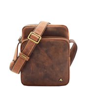 Mens Tan Hunter Leather Crossbody Bag Casual Messenger Multi Pockets Flight Bag