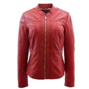 Womens Soft Leather Biker Jacket Fitted Zip Fasten Band Collar Casual Style Mia Red