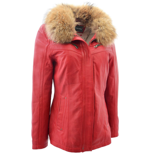 Womens Real Leather Duffle Coat Zip Fasten Jacket Mid Length Trench Jade Red