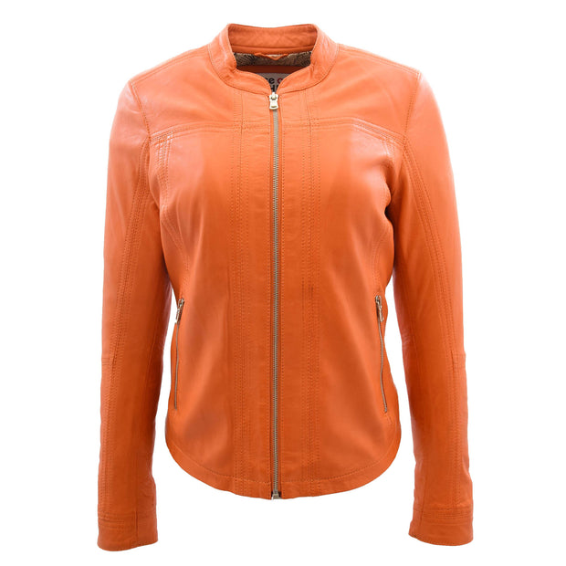 Womens Soft Leather Biker Jacket Fitted Zip Fasten Band Collar Casual Style Mia Orange