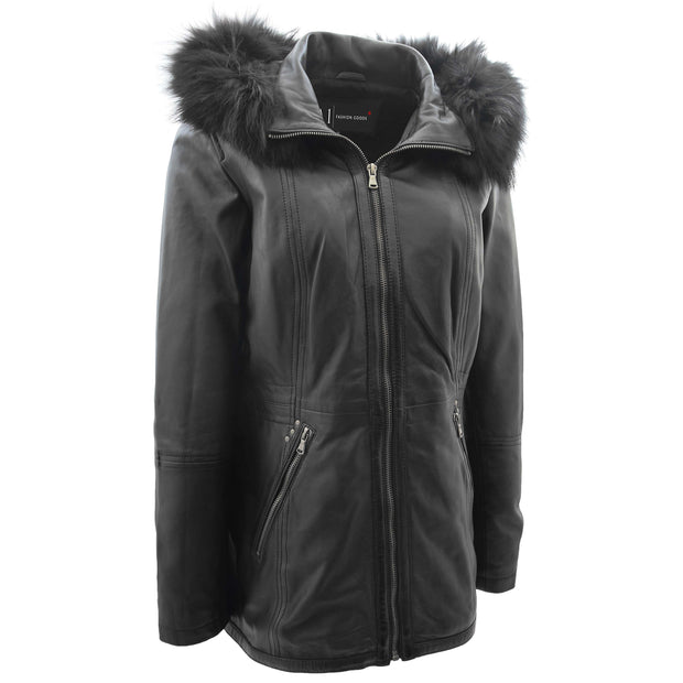 Womens Soft Black Leather Duffle Coat Hip Length Removable Hood Parka Jacket Sofia