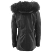 Womens Soft Black Leather Duffle Coat Hip Length Removable Hood Parka Jacket Sofia