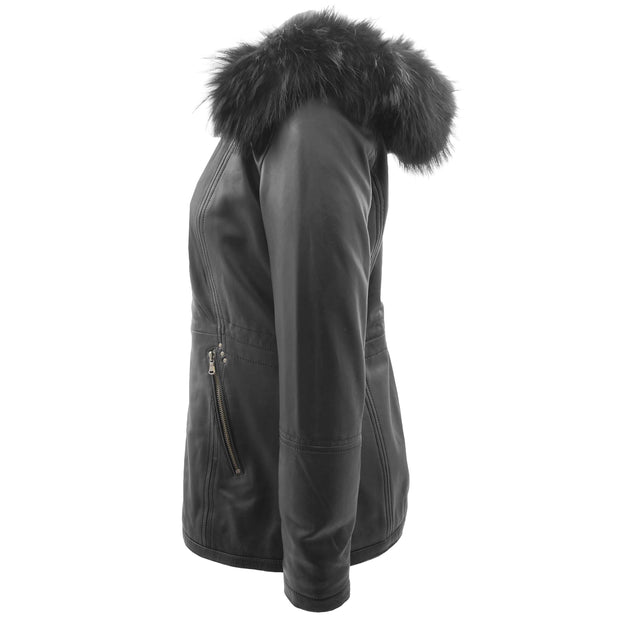 Womens Soft Black Leather Duffle Coat Hip Length Removable Hood Parka Jacket Sofia