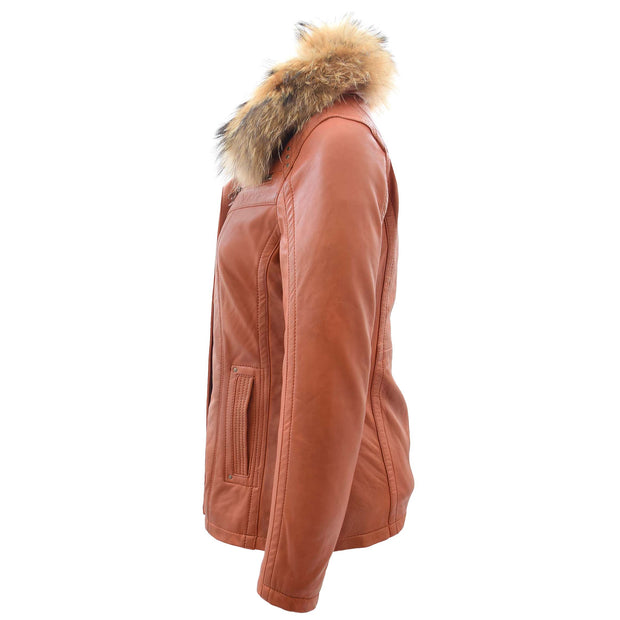 Womens Real Leather Duffle Coat Zip Fasten Jacket Mid Length Trench Jade Cognac
