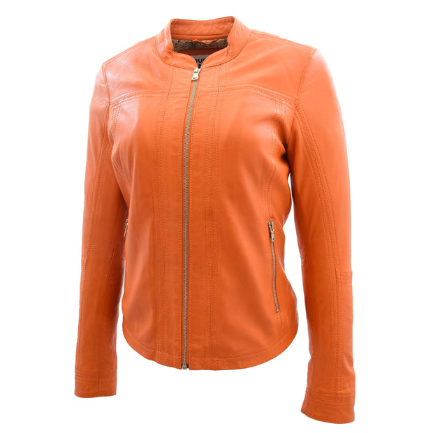 Womens Soft Leather Biker Jacket Fitted Zip Fasten Band Collar Casual Style Mia Orange