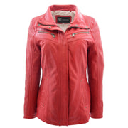 Womens Real Leather Duffle Coat Zip Fasten Jacket Mid Length Trench Jade Red