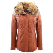 Womens Real Leather Duffle Coat Zip Fasten Jacket Mid Length Trench Jade Cognac