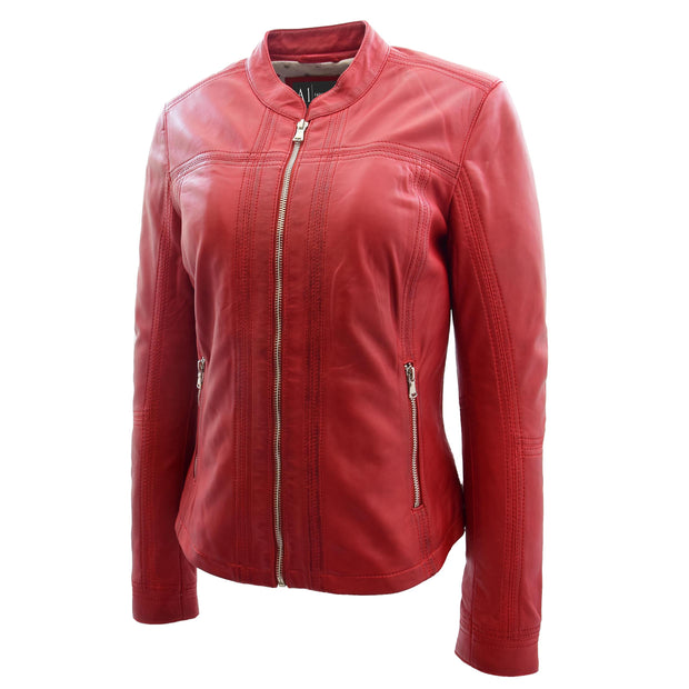 Womens Soft Leather Biker Jacket Fitted Zip Fasten Band Collar Casual Style Mia Red