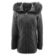 Womens Soft Black Leather Duffle Coat Hip Length Removable Hood Parka Jacket Sofia