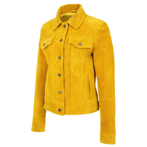 Womens Yellow  Suede Trucker Jacket American Western Denim Biker Style Marisa Front 3
